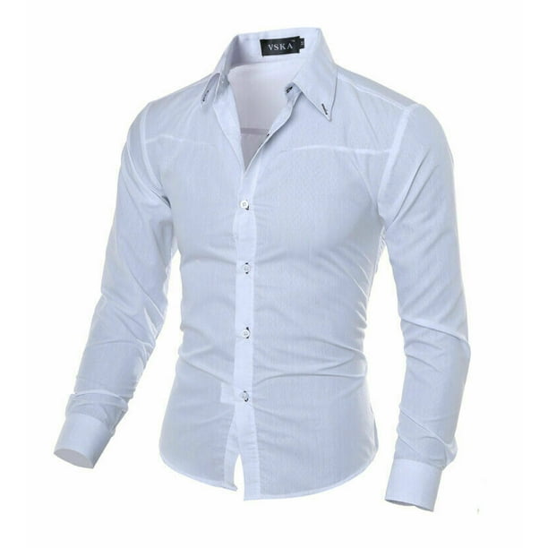 Mens Slim Fit Long Sleeve Cotton Shirt Plaid Casual Button Business Dress Shirt
